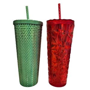 Starbucks Holiday Venti Cold Drink Cups Green Shiny Red Jeweled 24oz Lot of 2